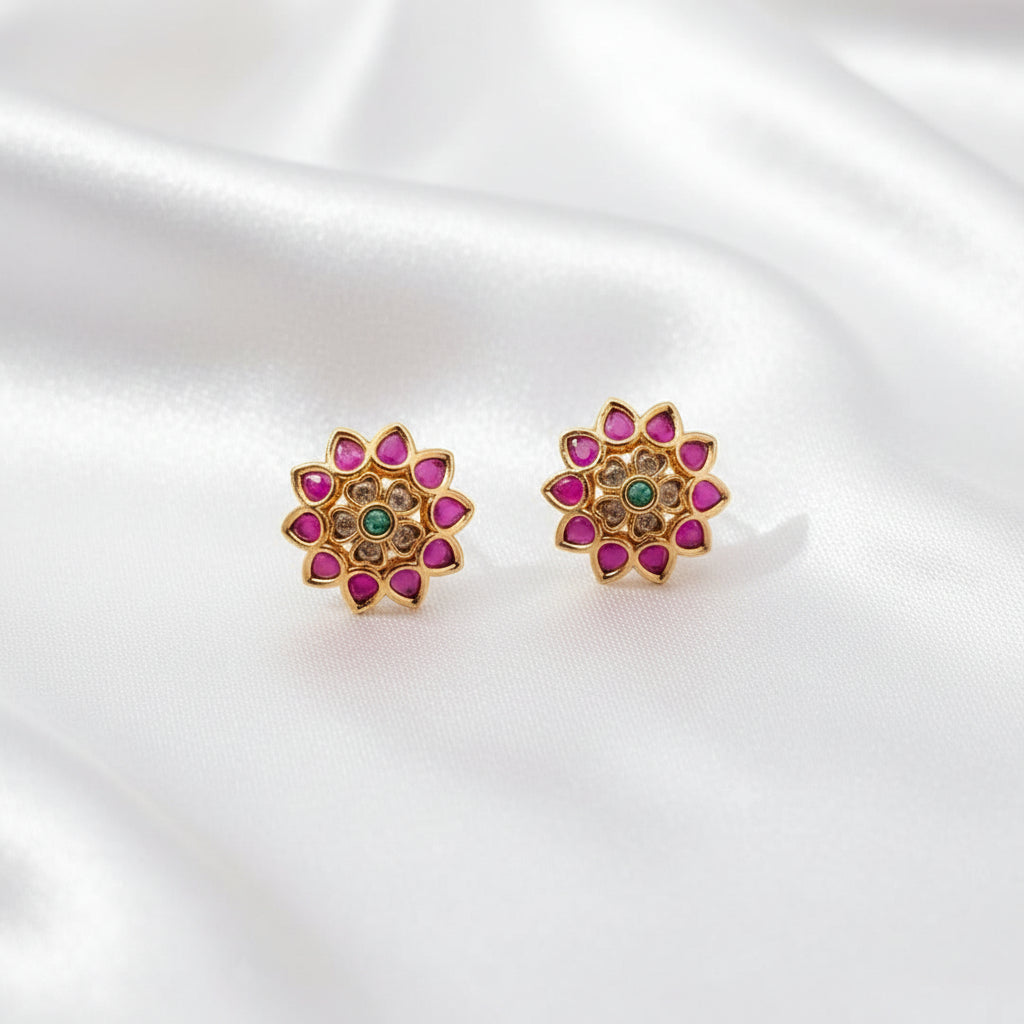 Set of 2 Pairs Traditional Indian Kundan-Style Floral Mandala Stud Earrings - Gold Plated with Emerald Green and Pink Stones