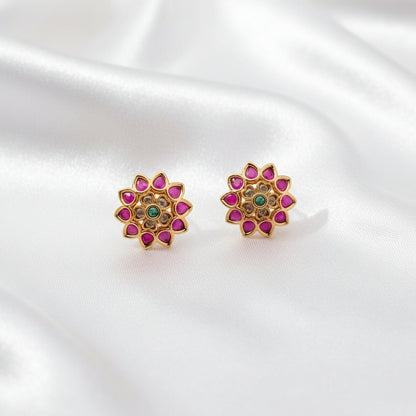 Set of 2 Pairs Traditional Indian Kundan-Style Floral Mandala Stud Earrings - Gold Plated with Emerald Green and Pink Stones