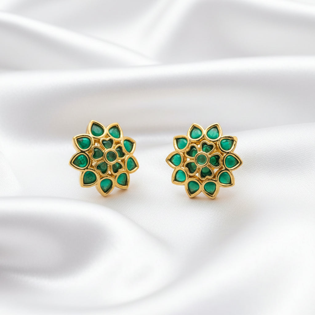 Traditional Indian Gold-Plated Kundan Floral Stud Earrings - Choose from Green or Pink Ruby