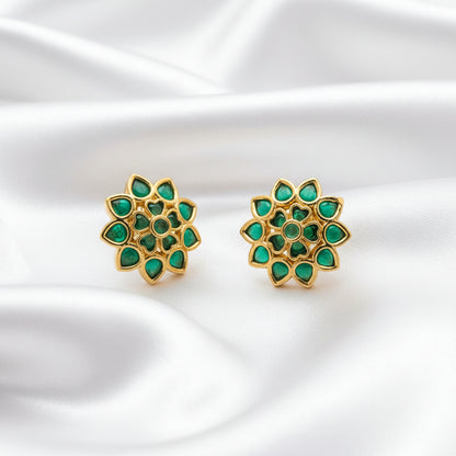 Traditional Indian Gold-Plated Kundan Floral Stud Earrings - Choose from Green or Pink Ruby