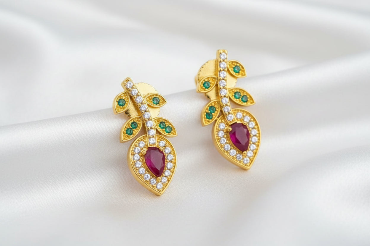 Gold Plated Ruby Green Stone Leaf Design Earrings
