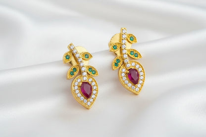 Gold Plated Ruby Green Stone Leaf Design Earrings