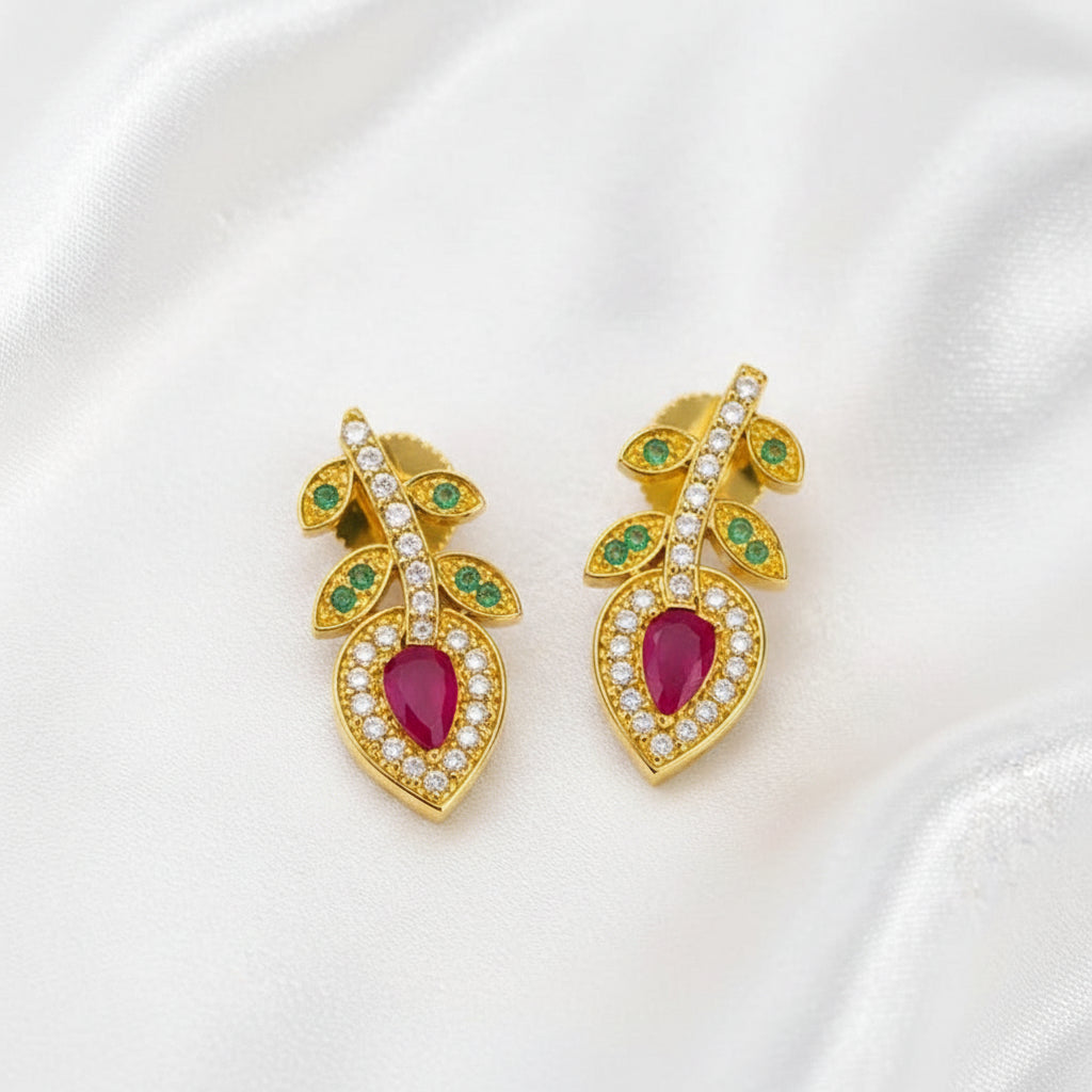 Gold Plated Ruby Green Stone Leaf Design Earrings