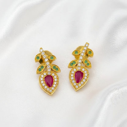 Gold Plated Ruby Green Stone Leaf Design Earrings