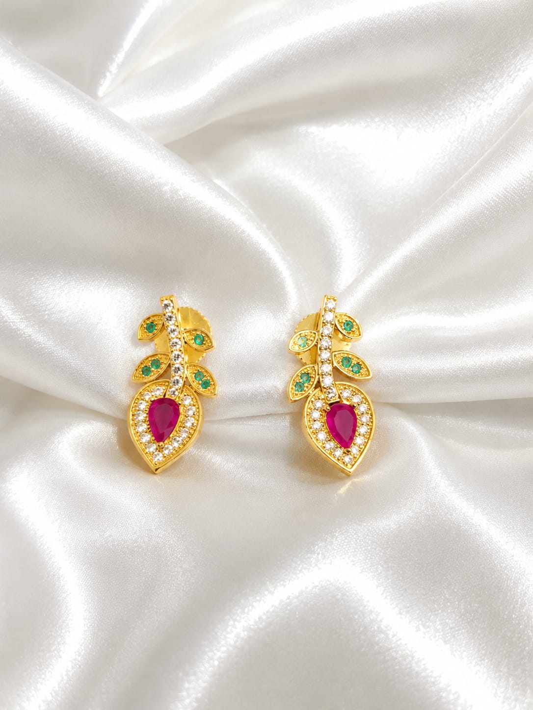 Gold Plated Ruby Green Stone Leaf Design Earrings