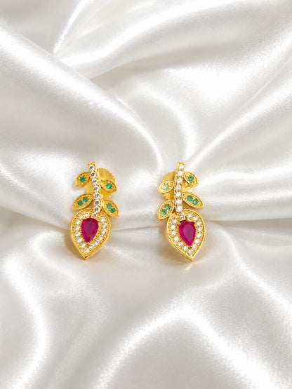 Gold Plated Ruby Green Stone Leaf Design Earrings