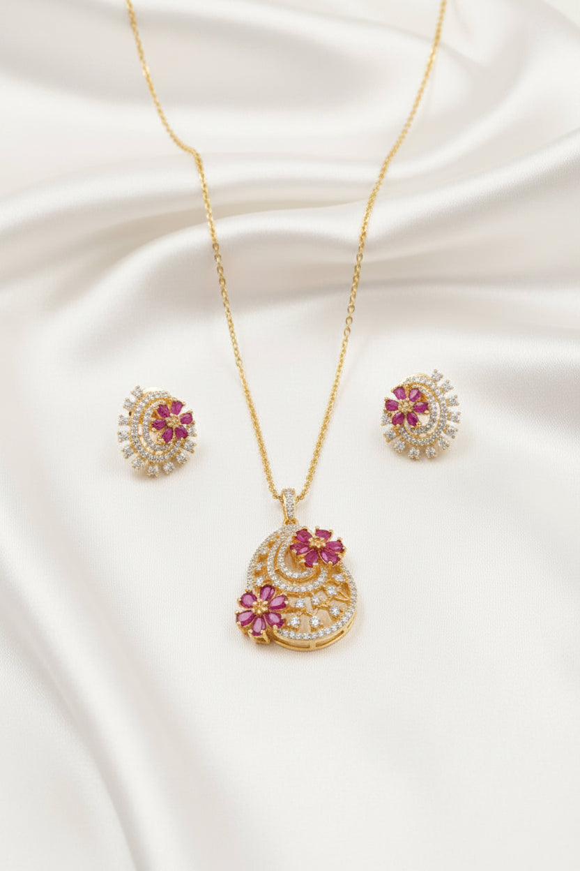 Elegant Gold-Plated CZ Floral Pendant & Earrings Set
