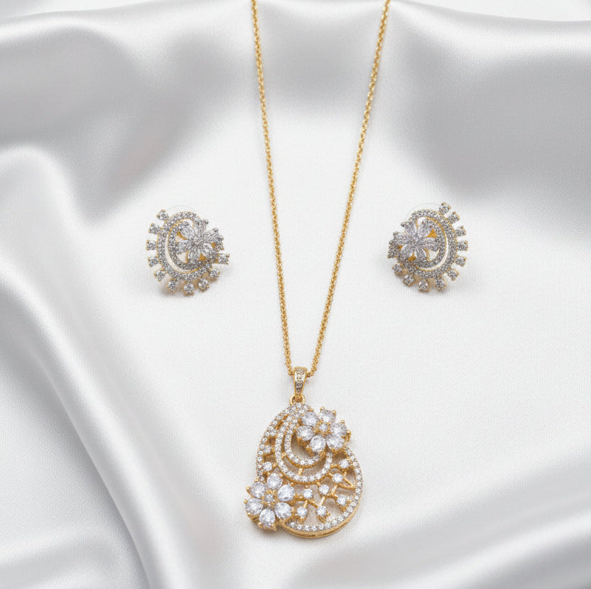 Elegant Gold-Plated CZ Floral Pendant & Earrings Set