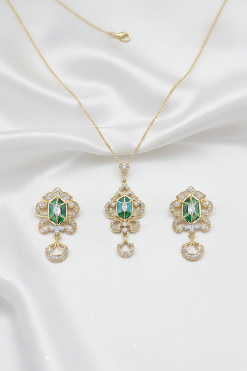Elegant Gold-Tone Floral Necklace & Earring Set with Colorful Gemstone Accents