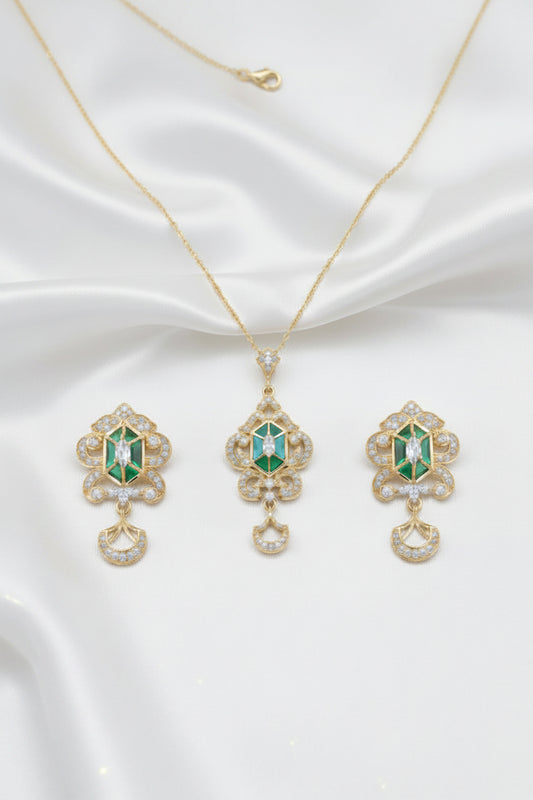 Elegant Gold-Tone Floral Necklace & Earring Set with Colorful Gemstone Accents