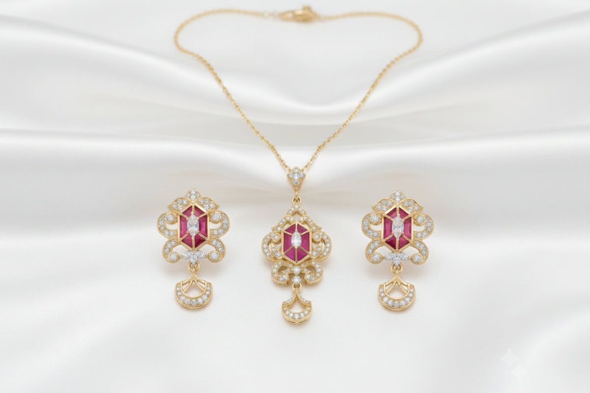 Elegant Gold-Tone Floral Necklace & Earring Set with Colorful Gemstone Accents