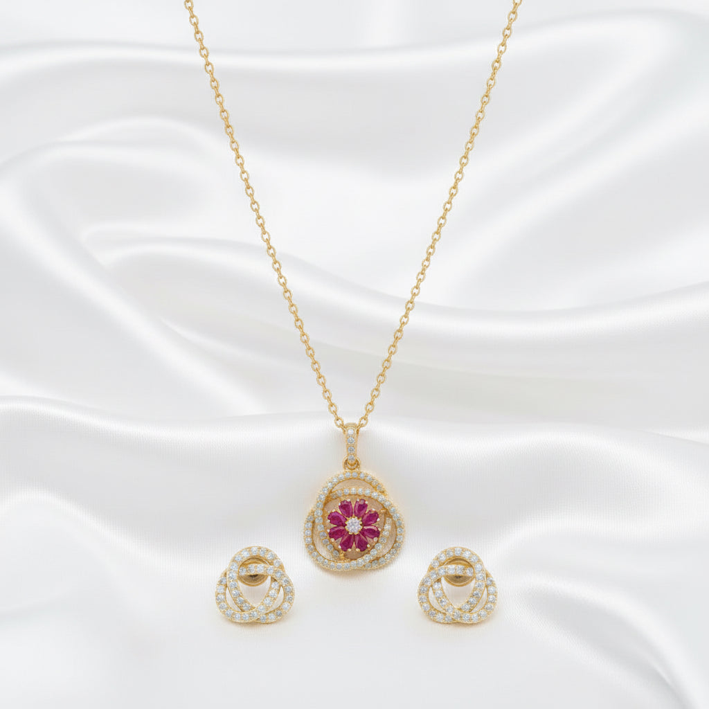 Elegant Floral Gemstone Necklace & Earring Set – Gold Tone Statement Jewelry