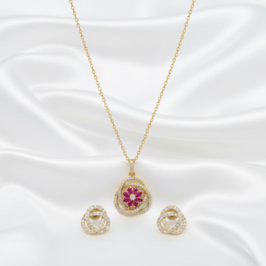 Elegant Floral Gemstone Necklace & Earring Set – Gold Tone Statement Jewelry