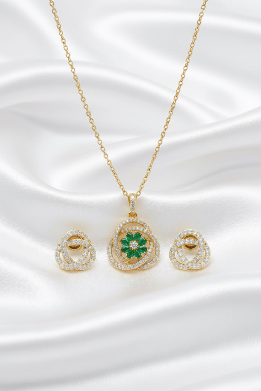 Elegant Floral Gemstone Necklace & Earring Set – Gold Tone Statement Jewelry