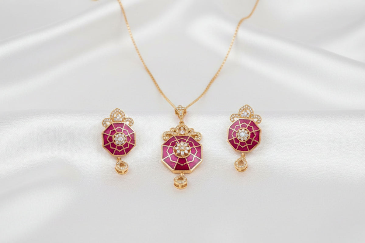 Elegant Green & Pink Enamel Necklace and Earrings Set – Gold Finish Statement Jewelry Set