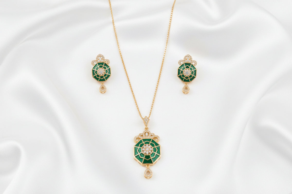 Elegant Green & Pink Enamel Necklace and Earrings Set – Gold Finish Statement Jewelry Set