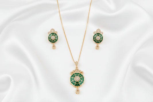 Elegant Green & Pink Enamel Necklace and Earrings Set – Gold Finish Statement Jewelry Set