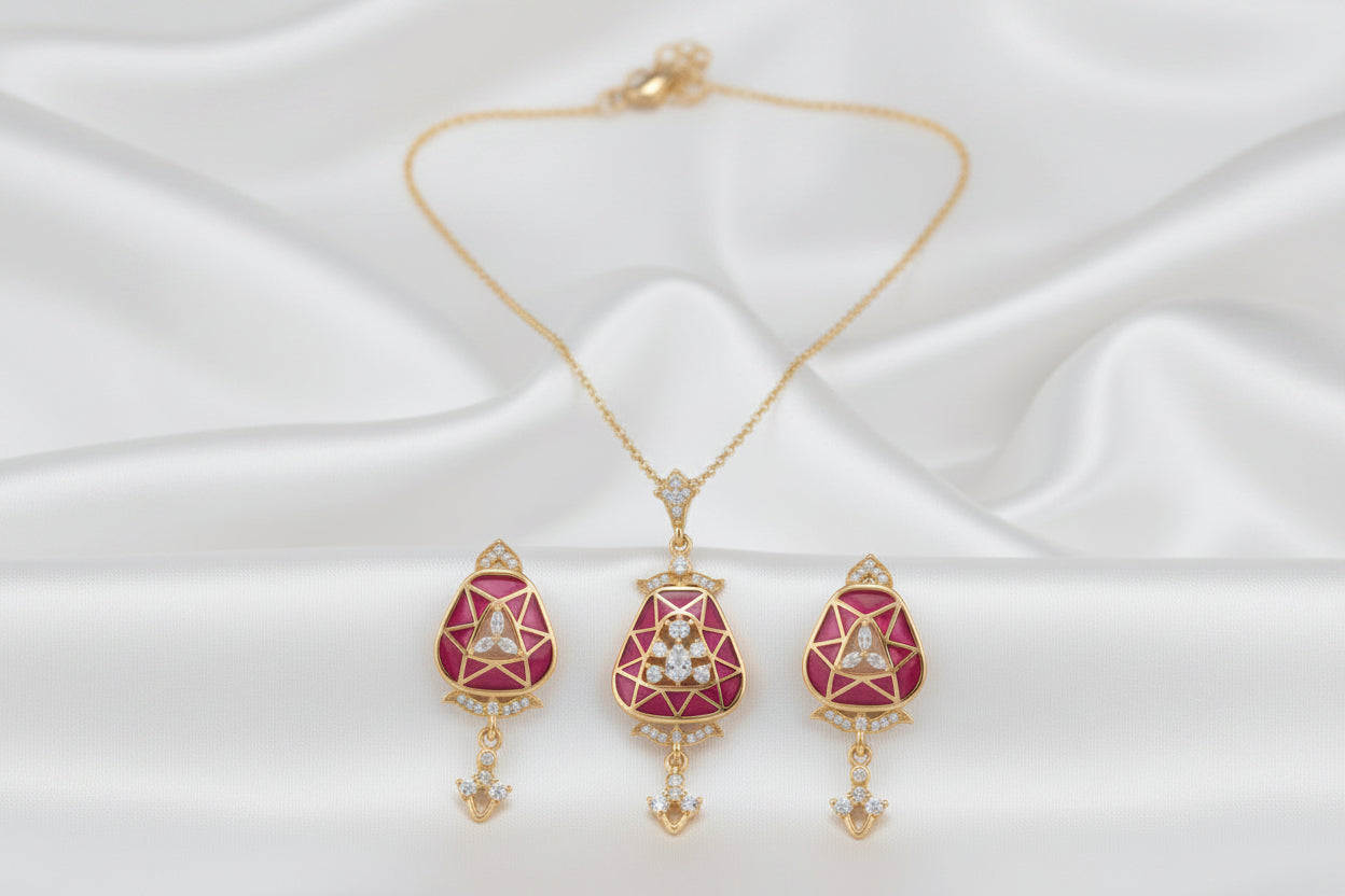 Elegant Green & Ruby Enamel Pendant Necklace & Earrings Set – Gold Tone CZ Bridal Jewelry