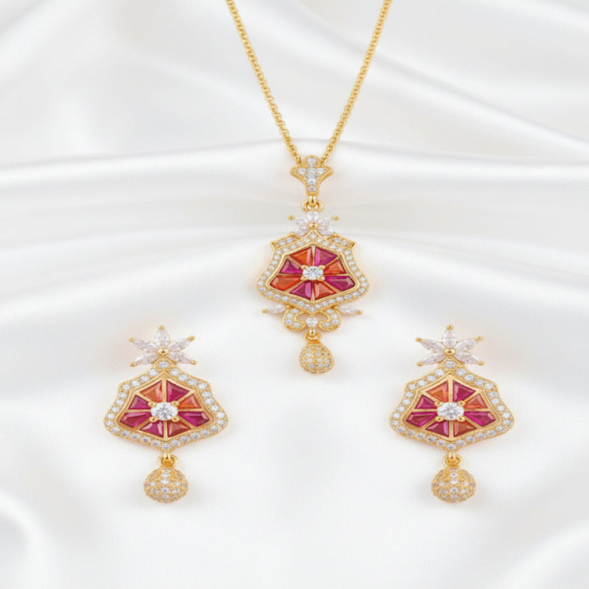 Elegant Multicolor CZ Pendant Necklace & Matching Earrings Set – Gold Finish Statement Jewelry