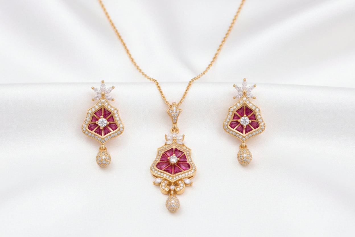 Elegant Multicolor CZ Pendant Necklace & Matching Earrings Set – Gold Finish Statement Jewelry
