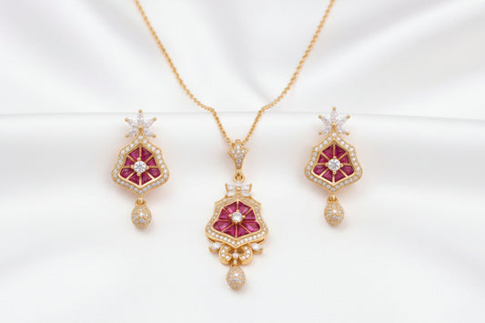 Elegant Multicolor CZ Pendant Necklace & Matching Earrings Set – Gold Finish Statement Jewelry