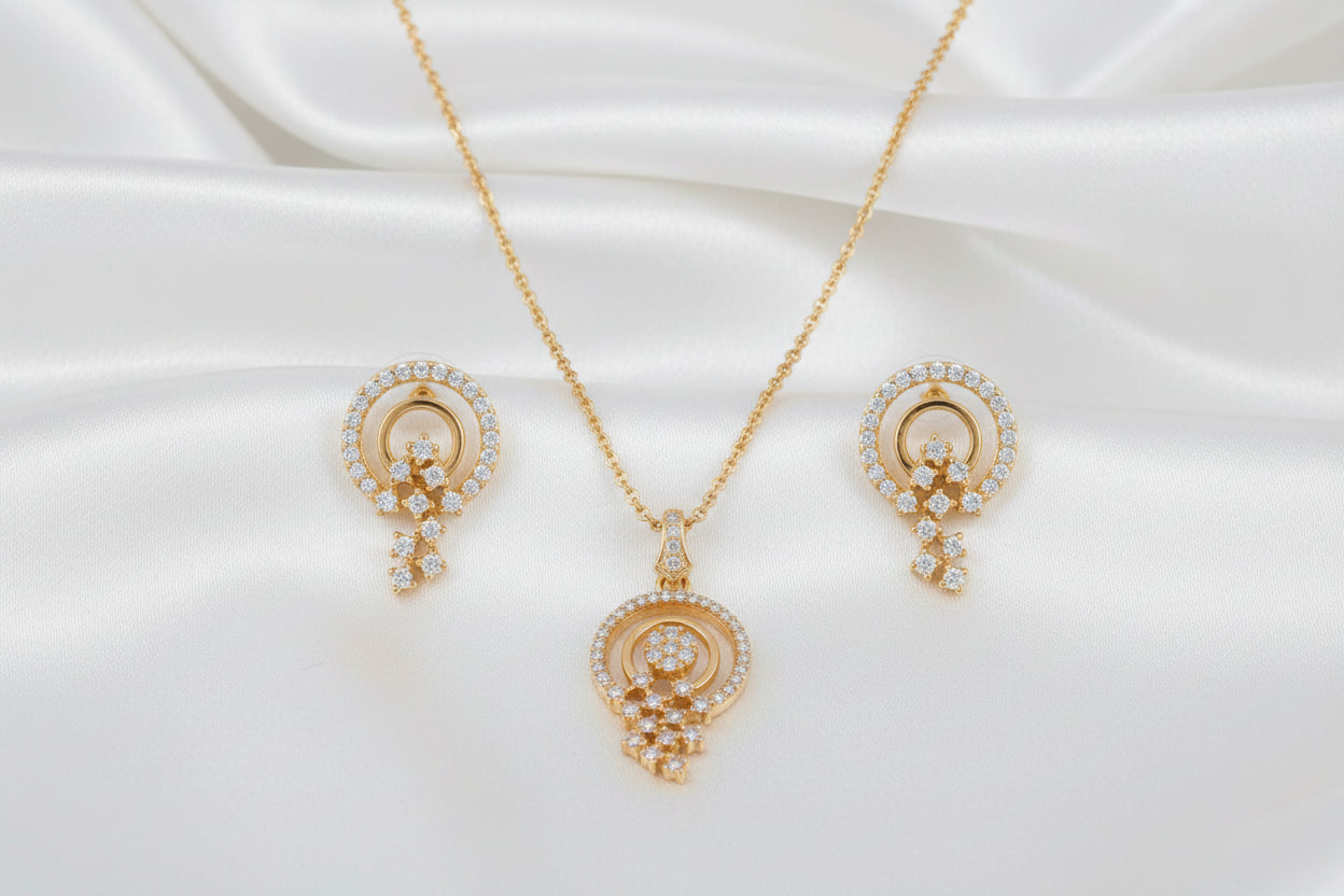 ✨ Elegant Gold-Tone CZ Circle Necklace & Earrings Set