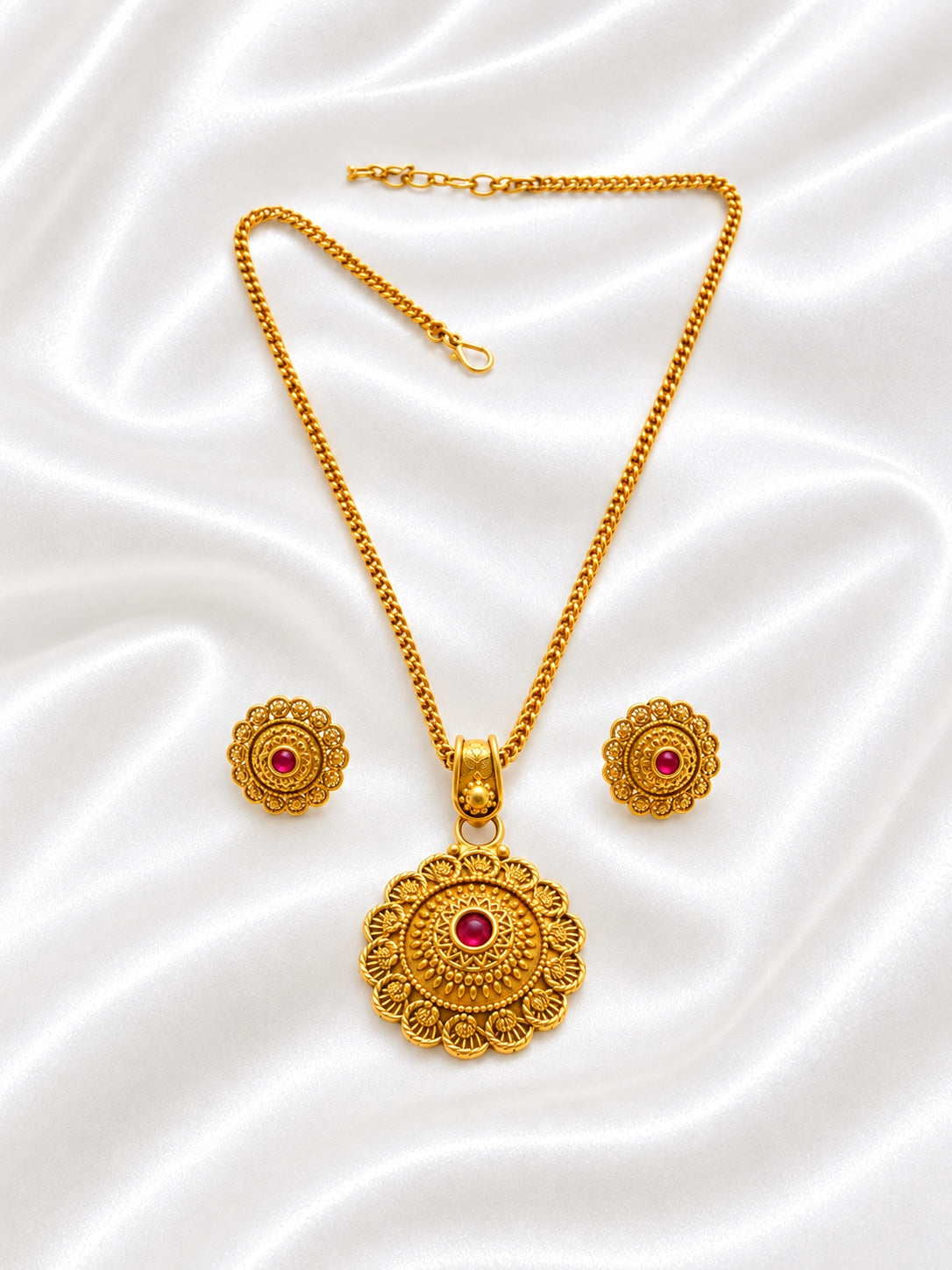 Traditional Gold-Plated Temple Necklace Set with Red & Green Stone Pendant and Matching Earrings