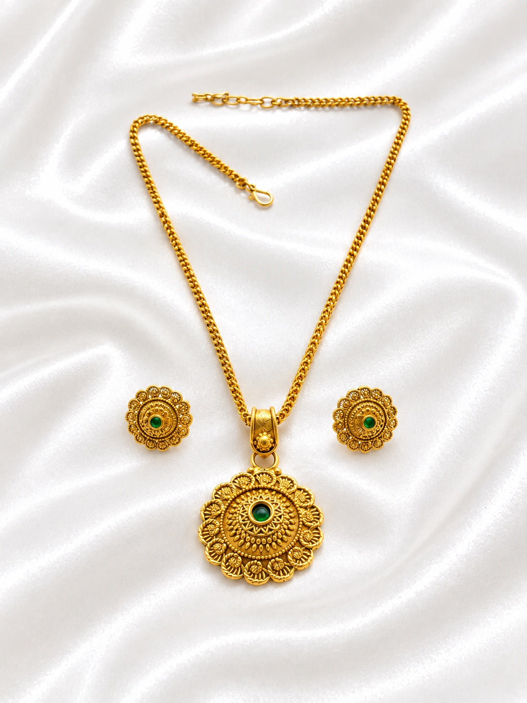 Traditional Gold-Plated Temple Necklace Set with Red & Green Stone Pendant and Matching Earrings
