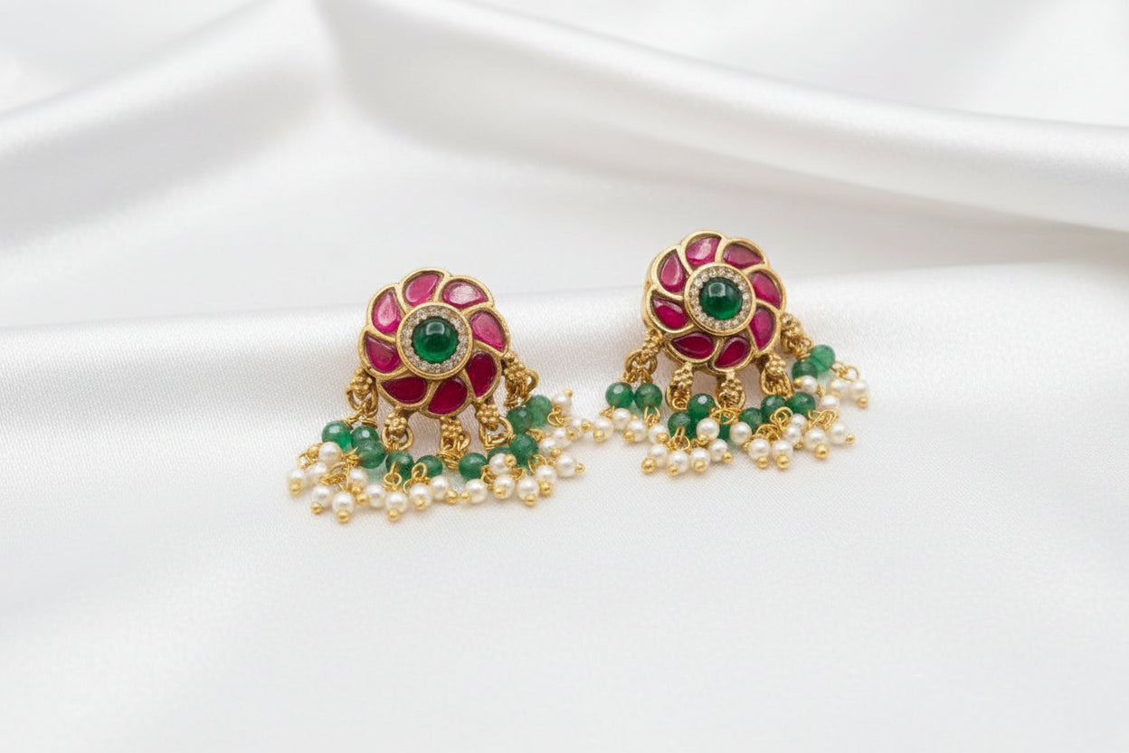 🌸 Traditional Pink & Green Kundan  Earrings | Gold-Tone Floral Earrings with Hanging Beads