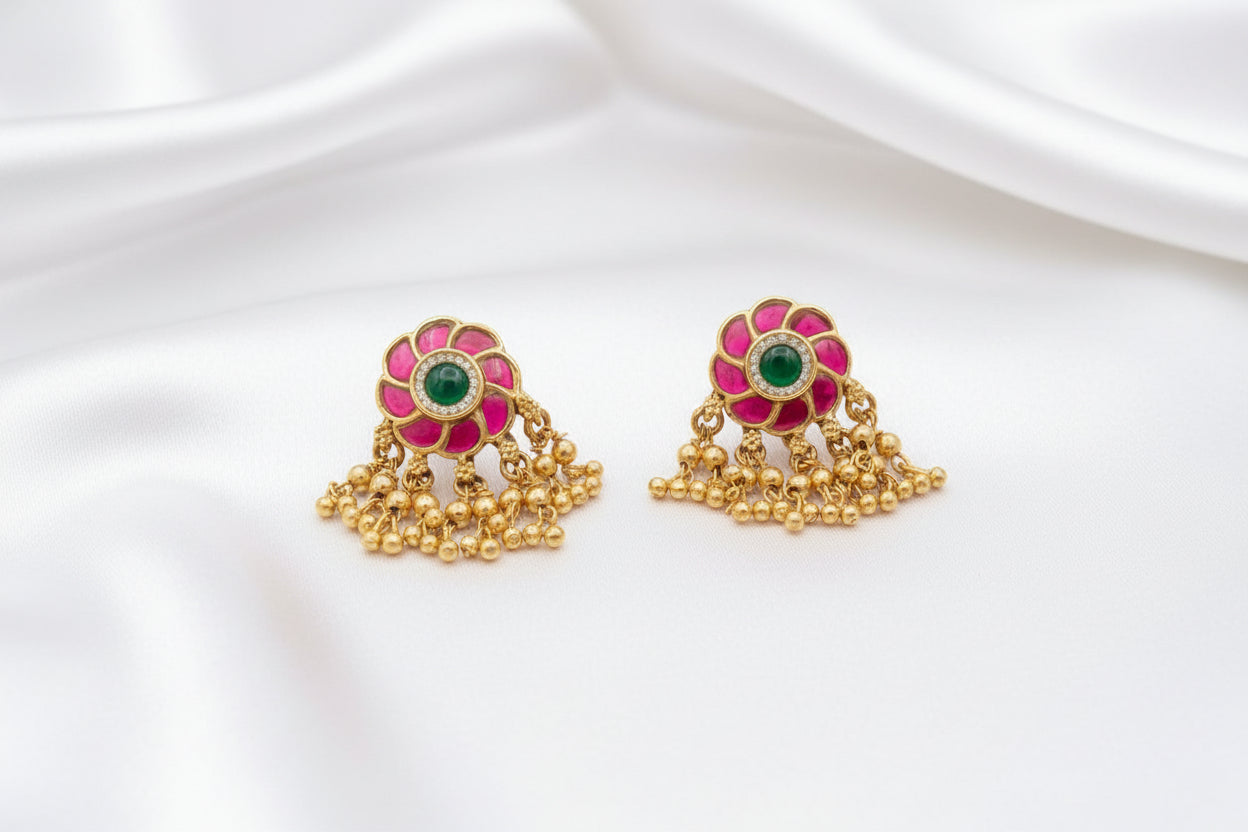 🌸 Traditional Pink & Green Kundan  Earrings | Gold-Tone Floral Earrings with Hanging Beads