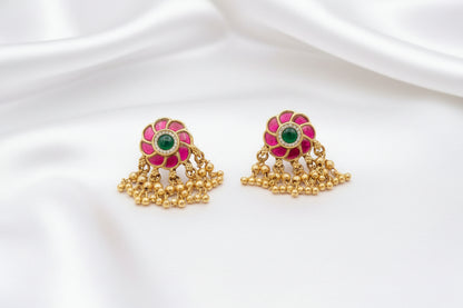 🌸 Traditional Pink & Green Kundan  Earrings | Gold-Tone Floral Earrings with Hanging Beads