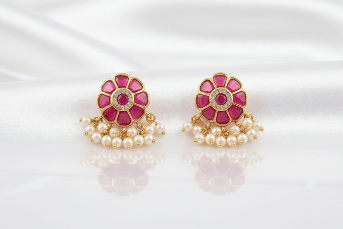 🌸 Pink Floral Indian Earrings with Pearl & Gold Bead Drops