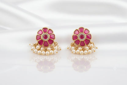 🌸 Pink Floral Indian Earrings with Pearl & Gold Bead Drops