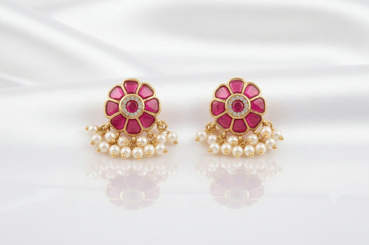 🌸 Pink Floral Indian Earrings with Pearl & Gold Bead Drops
