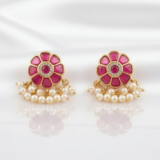 🌸 Pink Floral Indian Earrings with Pearl & Gold Bead Drops