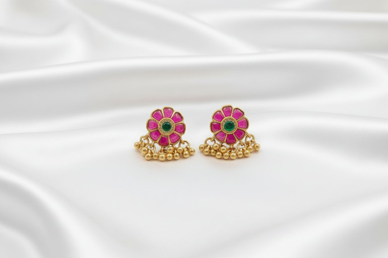 🌸 Pink Floral Indian Earrings with Pearl & Gold Bead Drops