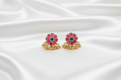 🌸 Pink Floral Indian Earrings with Pearl & Gold Bead Drops