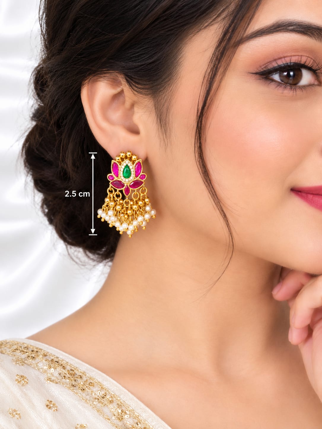 Gold-Plated Lotus  Earrings with Green & Pink Stones and Pearl Drops