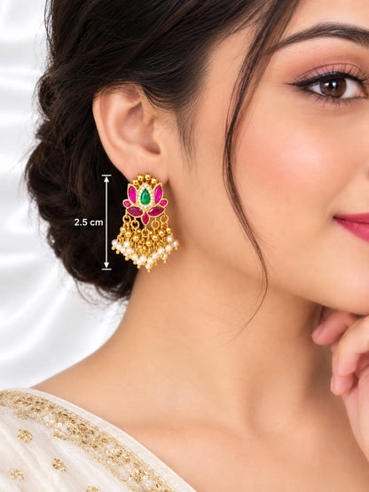 Gold-Plated Lotus  Earrings with Green & Pink Stones and Pearl Drops