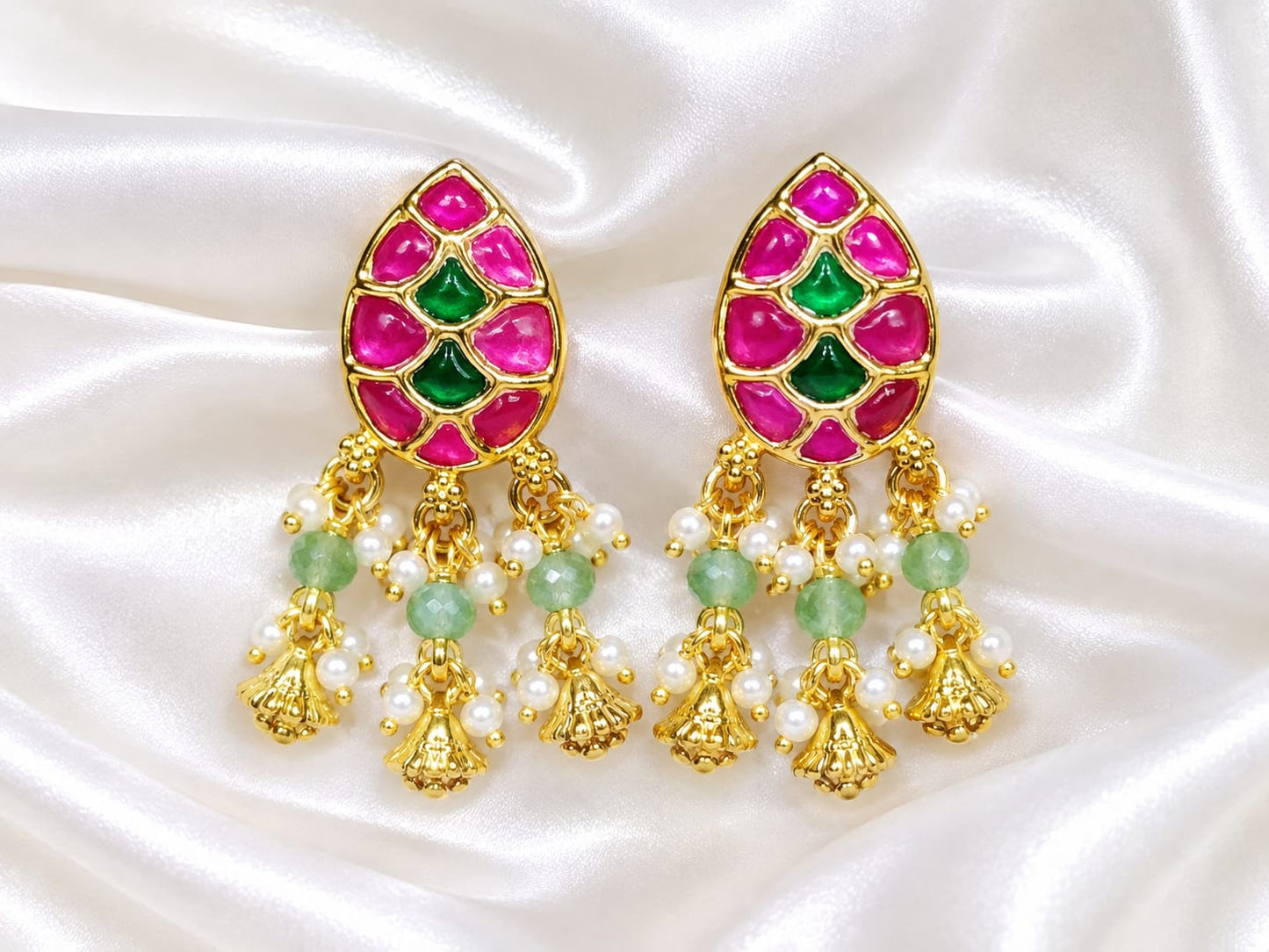 Pink & Green Kundan Earrings with Pearl & Bead Drops