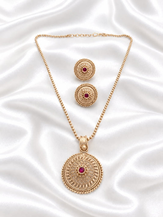 Antique Gold Filigree Disc Pendant Necklace & Earring Set