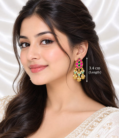 Pink & Green Kundan Earrings with Pearl & Bead Drops