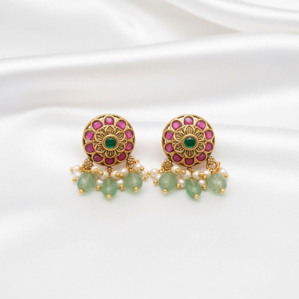 Antique Gold Finish Pink & Green Stone Drop Earrings