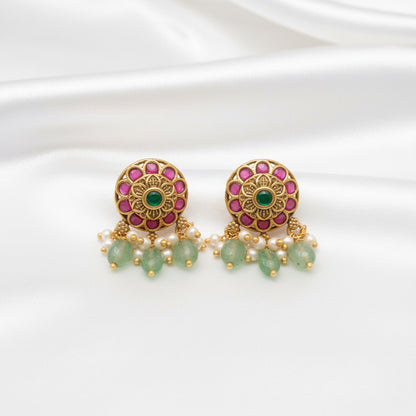 Antique Gold Finish Pink & Green Stone Drop Earrings