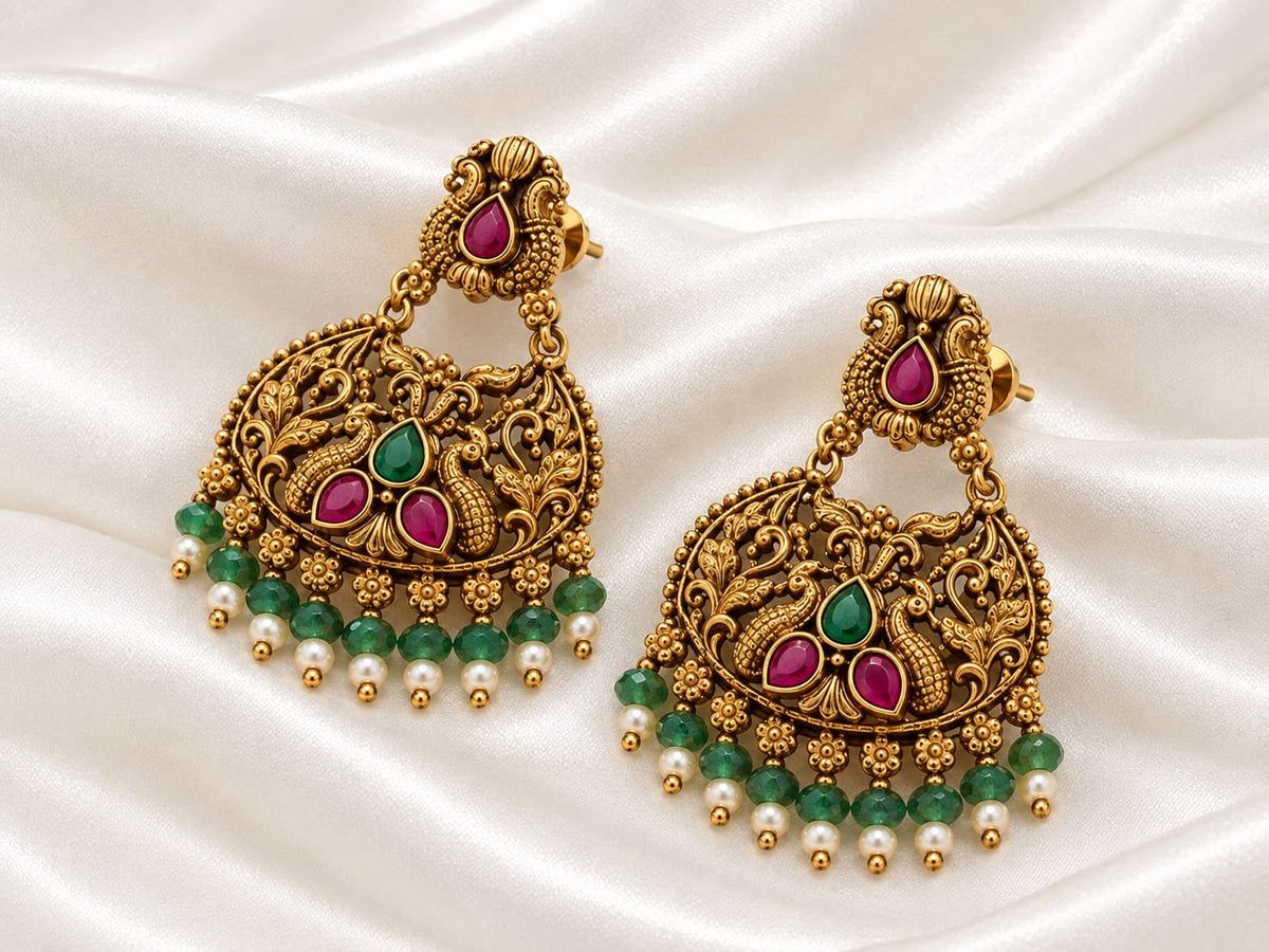 Royal Peacock Filigree Gold Earrings with Antique Polish