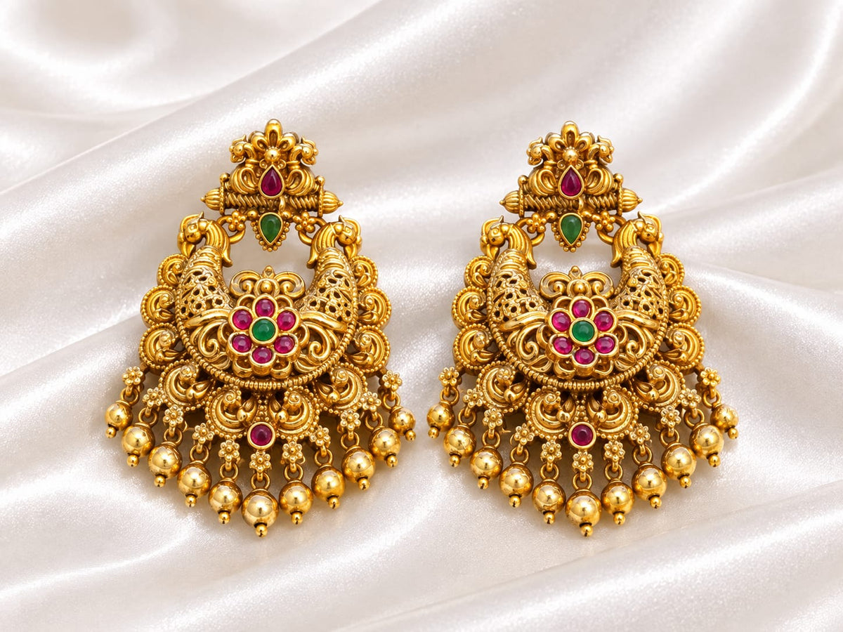 Antique Gold Temple Peacock Jhumka Earrings with Ruby & Green Stones