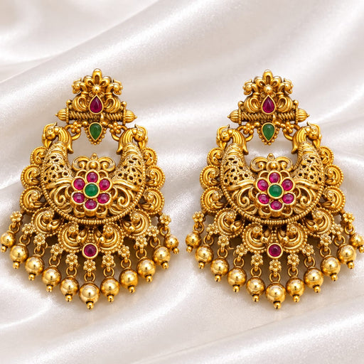 Antique Gold Temple Peacock Jhumka Earrings with Ruby & Green Stones
