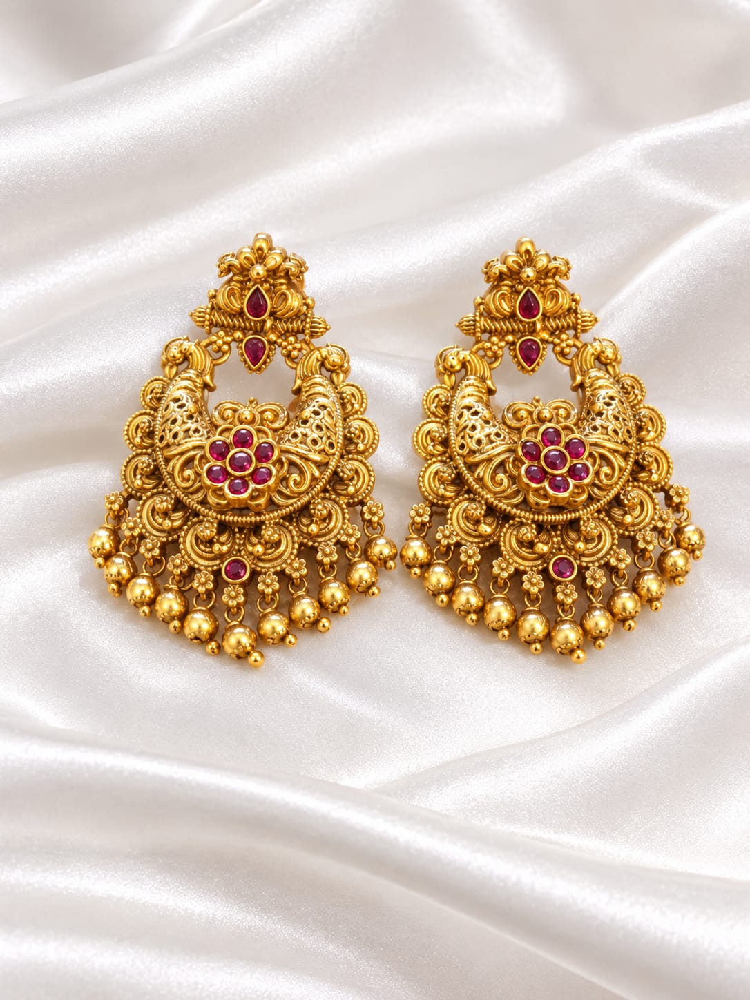 Antique Gold Temple Peacock Jhumka Earrings with Ruby & Green Stones