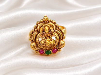 Traditional Lakshmi Devi Temple Jewelry Ring with Ruby & Green Stones | Gold Tone Statement Ring