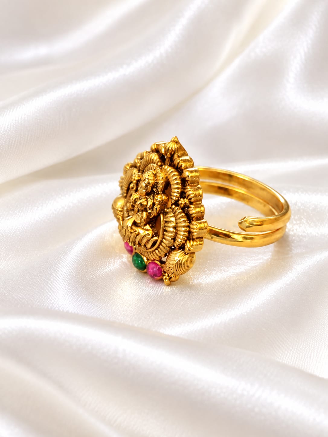 Traditional Lakshmi Devi Temple Jewelry Ring with Ruby & Green Stones | Gold Tone Statement Ring